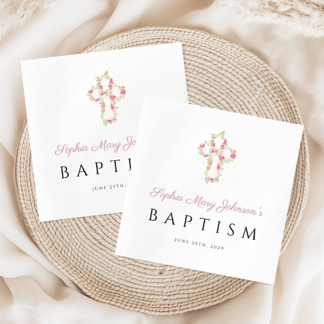 Elegante religiöse Cross Pink Floral Taufe Serviette (Elegant Religious Cross Pink Floral Baptism Napkins)