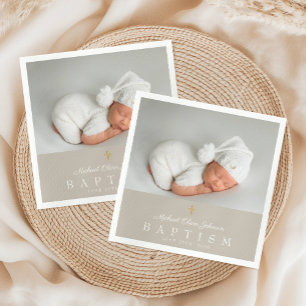 Elegante religiöse Cross Taupe Foto Taufe Serviette