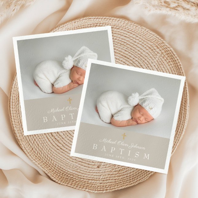 Elegante religiöse Cross Taupe Foto Taufe Serviette (Elegant Religious Cross Taupe Photo Baptism Napkins)
