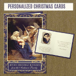 Elegante Religiöse Jungfrau Mary Angels Feiertagskarte<br><div class="desc">Mit einem wunderschönen gepflegten,  traditionellen religiösen Weihnachtsbild der gesegneten Jungfrau Mary und Baby Jesus,  die von Engeln serviert wird. Eine goldene filigrane Grenze betont den Hintergrund.</div>