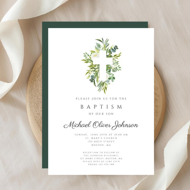 Elegante religiöse Kreuzbotanische Taufe Einladung (Elegant Religious Cross Botanical Baptism Invitation)