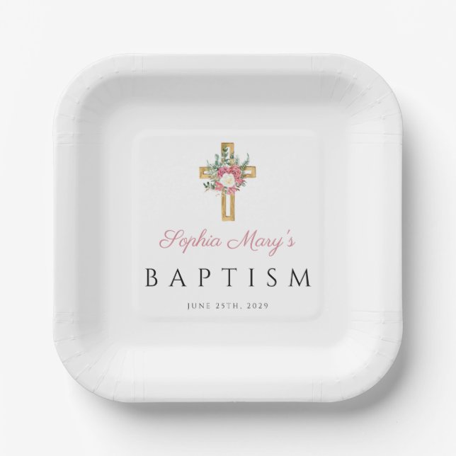 Elegante religiöse rosa Bläsertaufe Pappteller (Vorderseite)