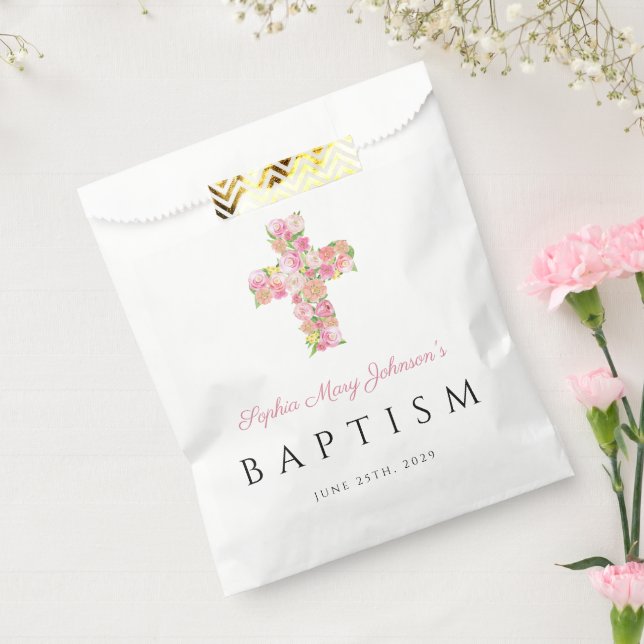 Elegante religiöse rosa, florale Kreuztaufe Geschenktütchen (Versiegelt)