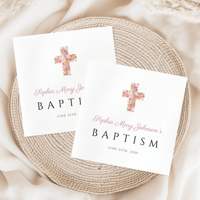 Elegante religiöse rosa, florale Kreuztaufe Serviette (Elegant Religious Pink Floral Cross Baptism Napkins)