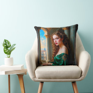 Elegante Renaissance-Frau in grünem Kleid Kissen