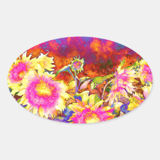 Elegante Retro-Boho Wasserfarben-Sonnenblumenfelde Ovaler Aufkleber