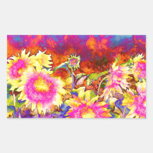 Elegante Retro-Boho Wasserfarben-Sonnenblumenfelde Rechteckiger Aufkleber