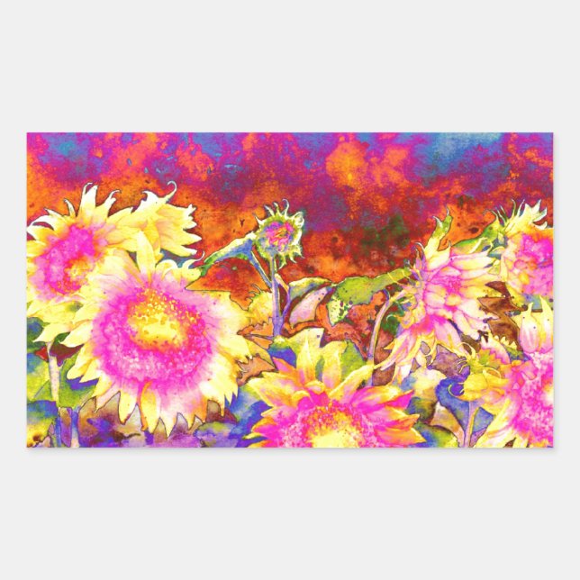 Elegante Retro-Boho Wasserfarben-Sonnenblumenfelde Rechteckiger Aufkleber (Vorderseite)