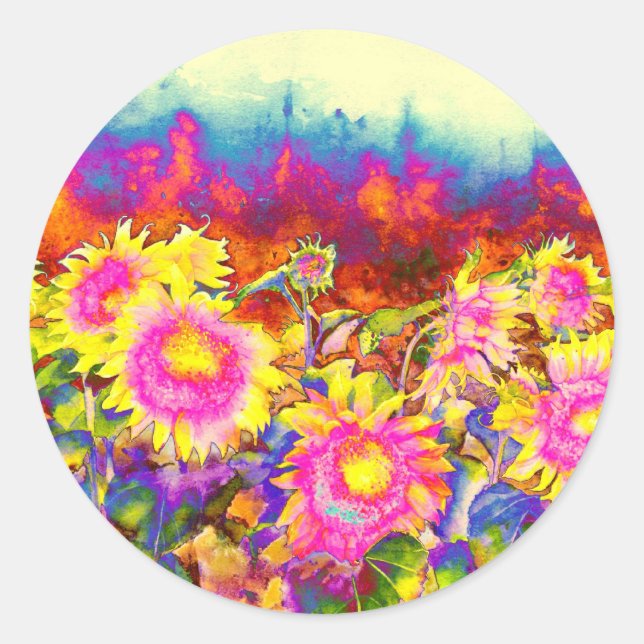 Elegante Retro-Boho Wasserfarben-Sonnenblumenfelde Runder Aufkleber (Vorderseite)