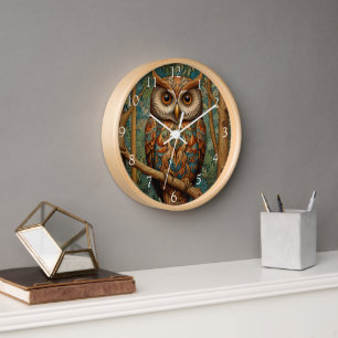Elegante Retro-Eule Boho Boheme Wald Grünpflanzen Uhr