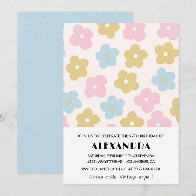 Elégante Retro Floral invitations de 97e anniversa (Devant / Derrière)