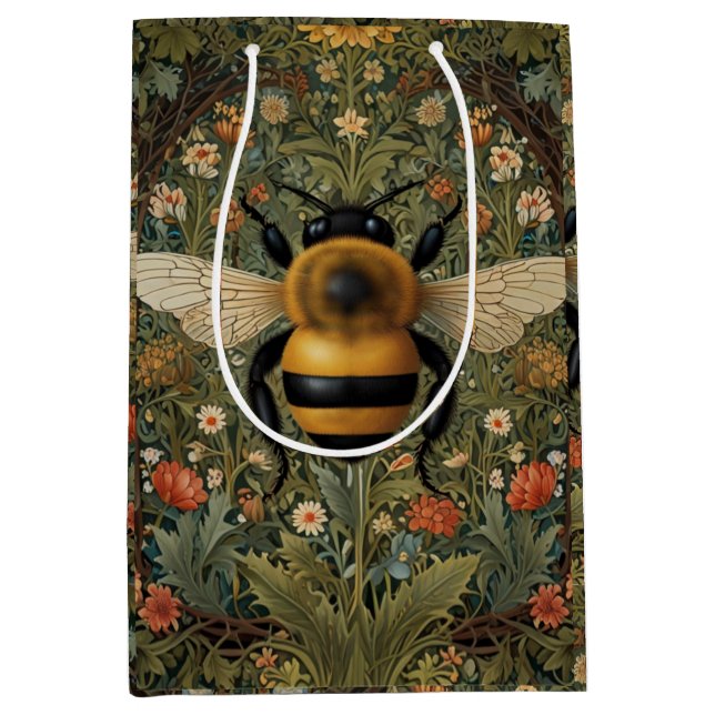Elegante Retro-Hummel boho botanische Blumenkunst Mittlere Geschenktüte (Vorderseite)