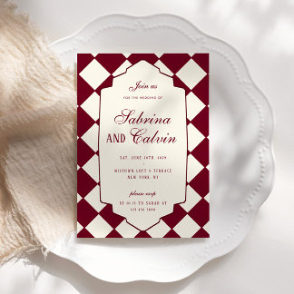 Elegante Retro-Karo-Bordeaux-Hochzeit Einladung