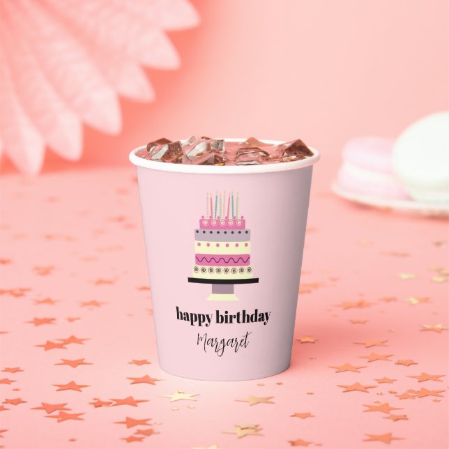 Elegante Retro Pink Girly Birthday Cake Pappbecher (Insitu)
