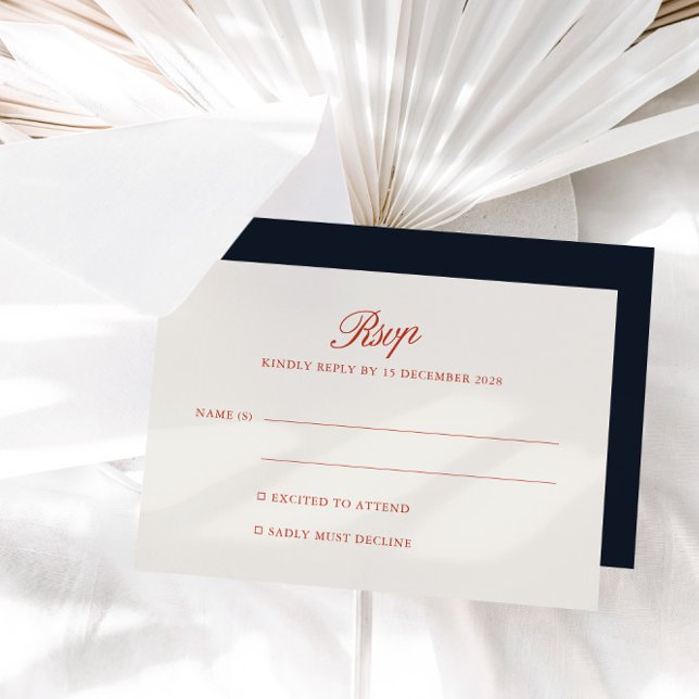 Elegante Retro Red & Deep Blue Black RSVP Karte (Elegant Retro Red & Deep Blue Black RSVP Card)