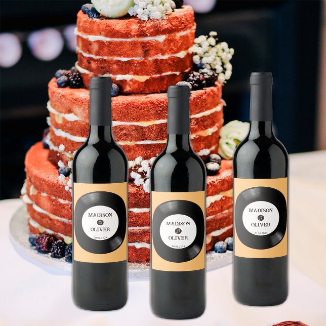 Elegante Retro Schwarz und Weiß Vinyl Record Hochz Weinetikett (Von Creator hochgeladen)