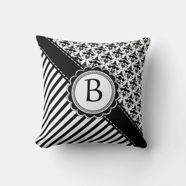 Elegante Retro Schwarzweiss-Streifen und Damast Kissen (Vorderseite)