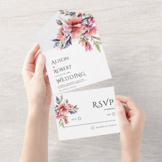 Elegante Rhododendron-Pfirsichrosa-Blumen-Hochzeit All In One Einladung