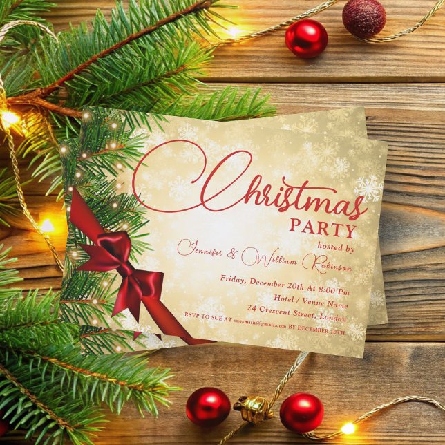 Elegante Ribbon & Pine Gold Einladung (Elegant Ribbon & Pine Gold Xmas Holiday Invitation)