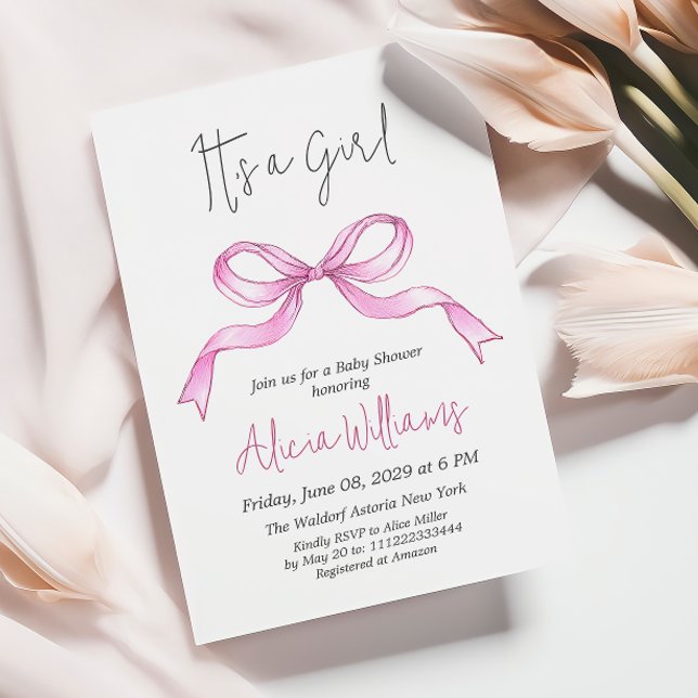 Elegante Ribbon Pink Bow Baby Girl Baby Shower Einladung (Von Creator hochgeladen)
