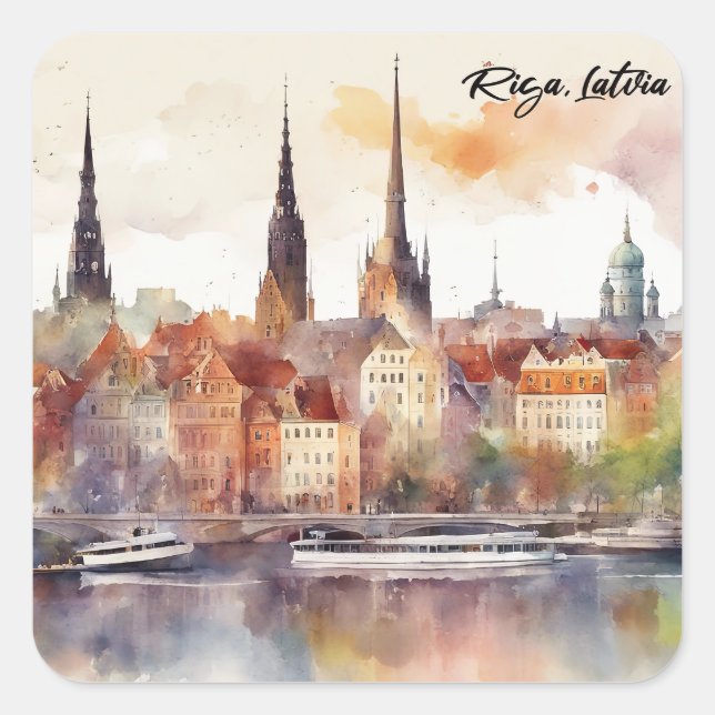 Elegante Riga Lettland Wasserfarben Stadtansicht Quadratischer Aufkleber (Vorderseite)