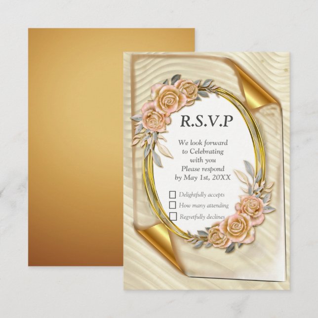 Elegante Ripple Cream & Gold RSVP Card (Vorne/Hinten)