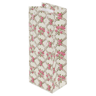 Elegante Rococo-Wiederbelebung Rosa Blumen & Beige Geschenktüte Für Weinflaschen