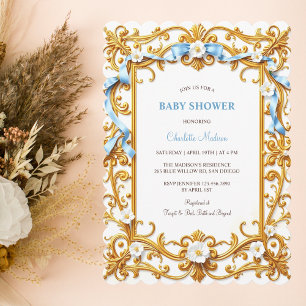 Elegante Rokoko-Blau-Gold-Blumen-Jungen-Baby-Party Einladung