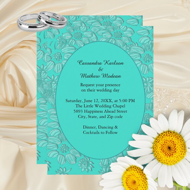 Elegante Romantic Daisies Floral Türkis Hochzeit Einladung (Elegant Romantic Daisies Floral Turquoise Wedding Invitation)