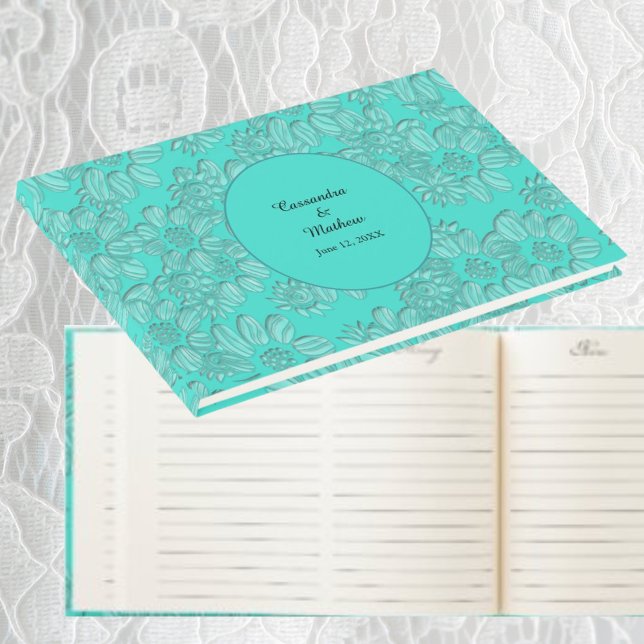 Elegante Romantic Daisies Floral Türkis Hochzeit Gästebuch (Elegant Romantic Daisies Floral Turquoise Wedding Guest Book)