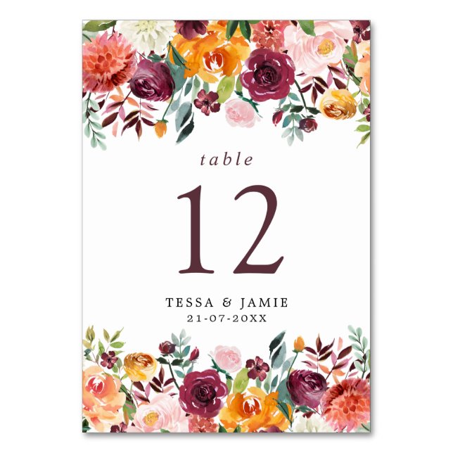 Elegante Romantic Fall Floral Tischnummer Card (Vorderseite)