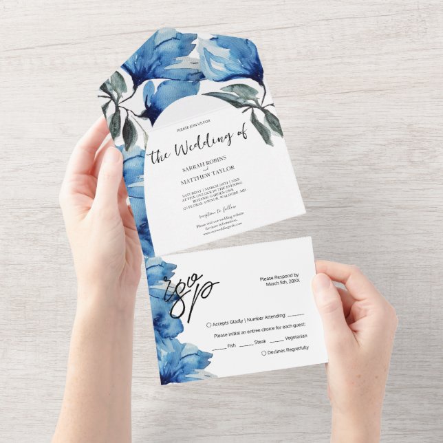 Elegante romantische blaue künstlerische Blume All In One Einladung (Abreißen)