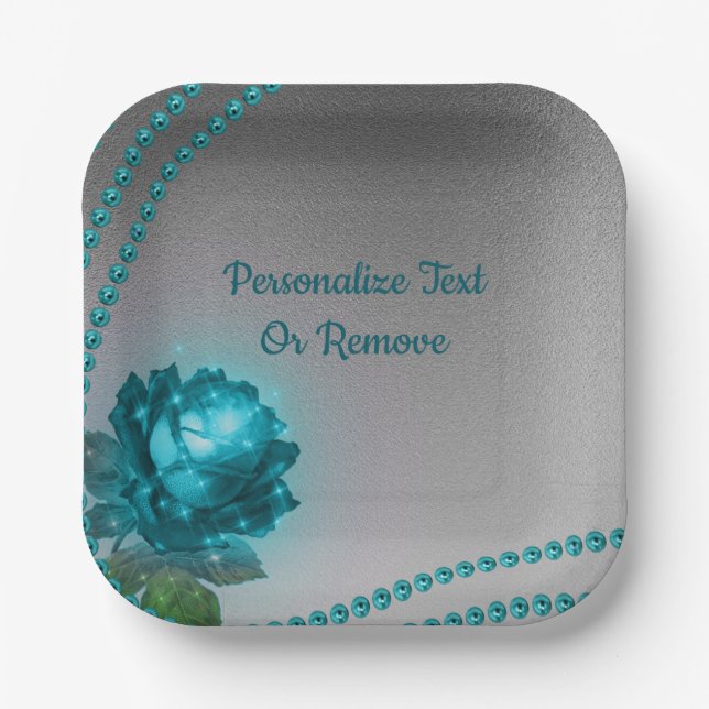 Elegante Romantische Blue Crystal Rose Pearls Chic Pappteller (Vorderseite)
