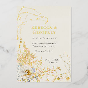 Elegante romantische Blumenfarne Save-the-Date Gol Folieneinladung