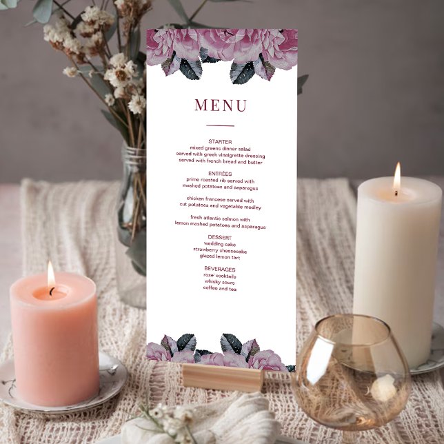 Elegante romantische Blumenkarte Einladung (Elegant Romantic Floral Wedding Table Menu Card)