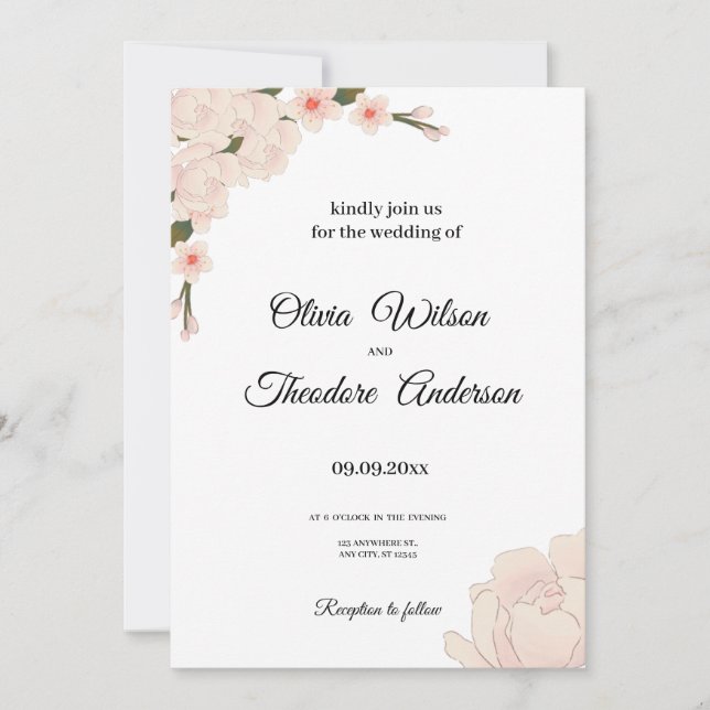 Elegante romantische Blush Pink Bläserblume Hochze Einladung (Vorderseite)