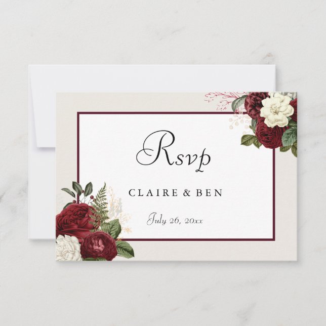 Elegante romantische Burgunder Rote Blume Hochzeit RSVP Karte (Vorderseite)