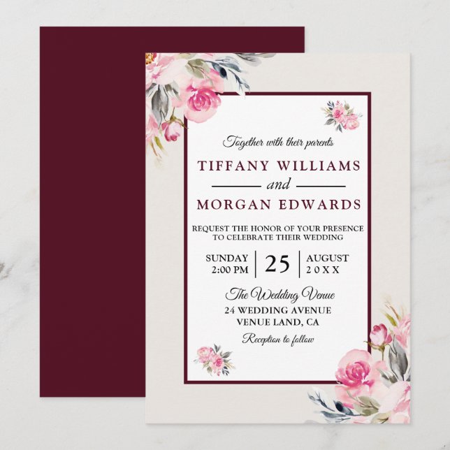 Elegante romantische Burgundy Blush Bloral Wedding Einladung (Vorne/Hinten)