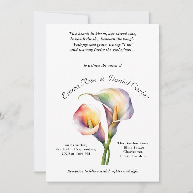 Elegante romantische Cala Lily Frische Pastelle Einladung (Vorderseite)