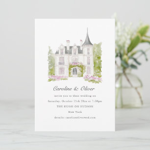Elegante romantische Chateau-Aquarell-Hochzeit Einladung