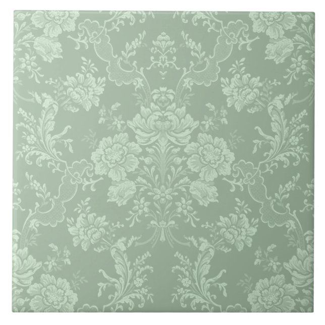 Elegante romantische Chic Floral Damask Grün Fliese (Vorderseite)
