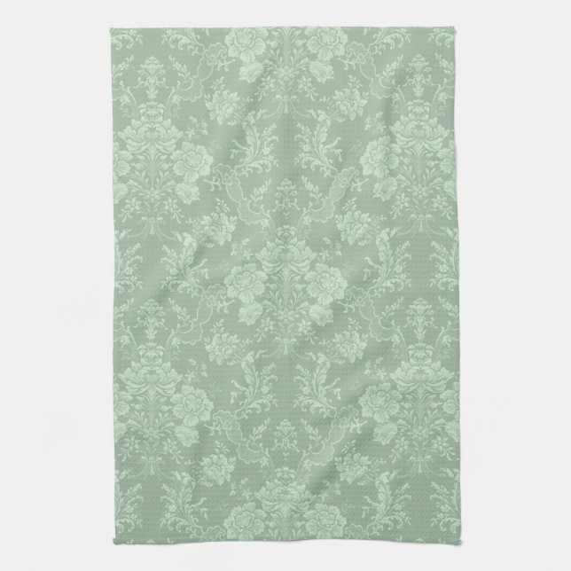 Elegante romantische Chic Floral Damask Grün Geschirrtuch (Vertikal)