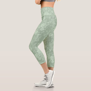 Elegante romantische Chic Floral Damask Sage Green Capri Leggings