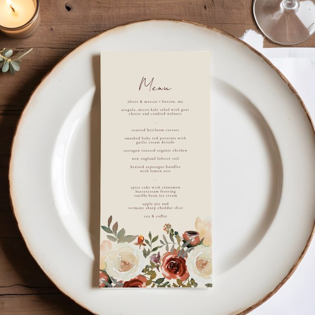Elegante Romantische Fall-Blütenrost-Hochzeit Menükarte (Von Creator hochgeladen)