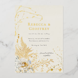 Elegante Romantische Flora Ferns Save the Date Gol Folieneinladung