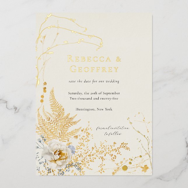 Elegante Romantische Flora Ferns Save the Date Gol Folieneinladung (Vorderseite)