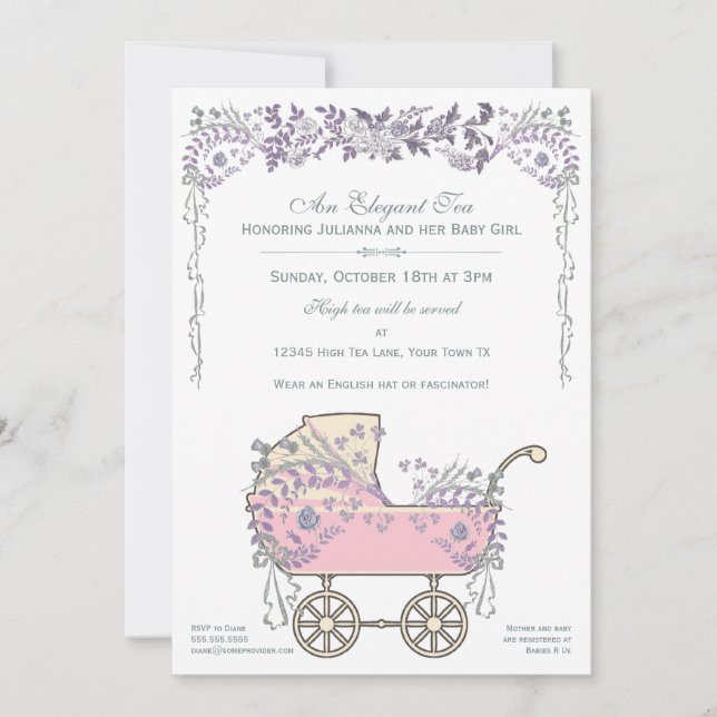 Elegante Romantische Floral Baby Girl Buggy Dusche Einladung (Vorderseite)
