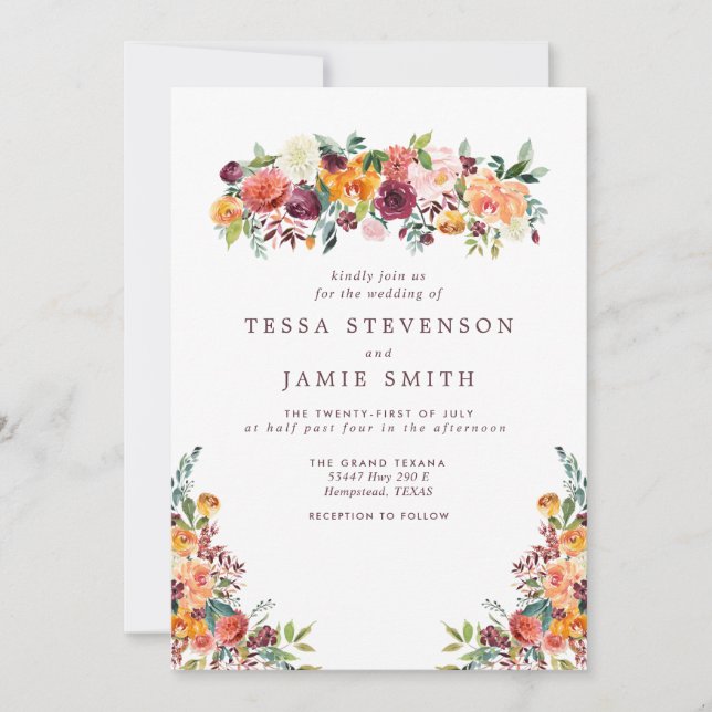 Elegante romantische Herbstfloralhochzeit Einladun Einladung (Vorderseite)