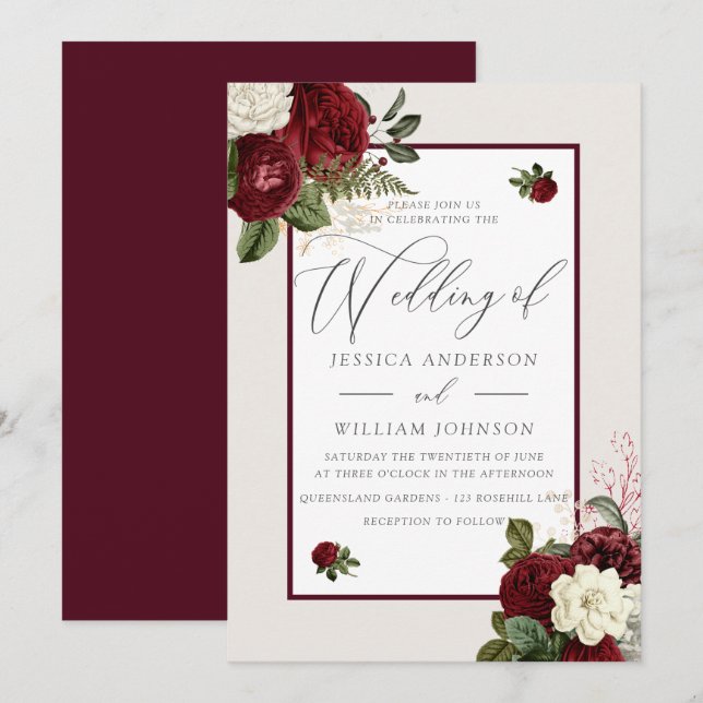 Elegante romantische Hochzeit in Burgund Einladung (Vorne/Hinten)