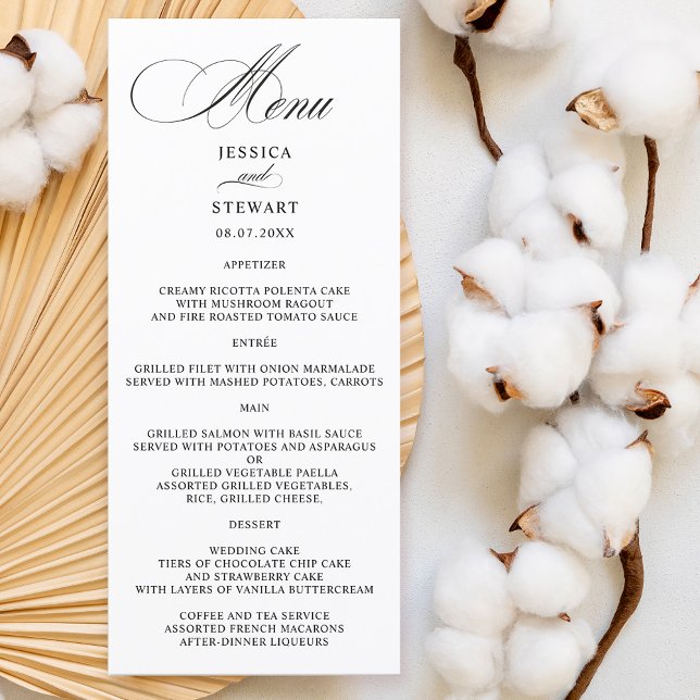 Elegante romantische Hochzeit in Kalligrafie Menükarte (Elegant romantic calligraphy wedding menu)